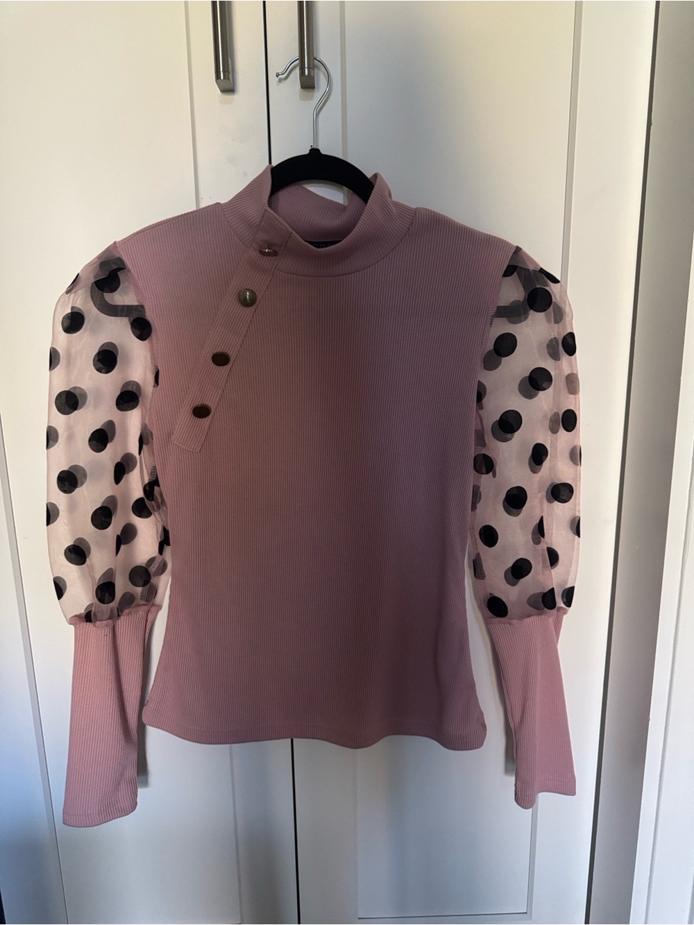 CBR Mauve Ribbed Top with Sheer Polka Dot Puff Sleeves